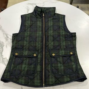 British Khaki blue green tartan plaid preppy down vest sz Small S